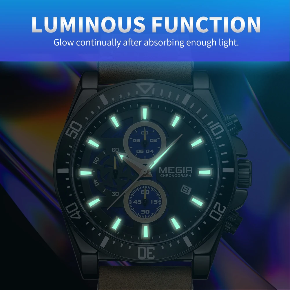 MEGIR Fashion Quartz Watches Men Luxury Sports Military Leather Strap Chronograph Big Dial Waterproof Luminous Date Wristwatch