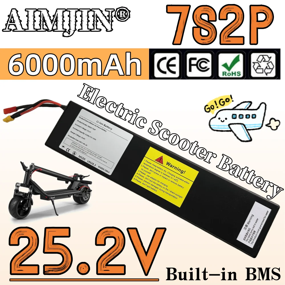 

25.2V 6000mAh Electric Scooter Rechargeable Battery 18650 Li-ion Battery Pack 7S2P 151.2Wh Built in BMS Safe and durable
