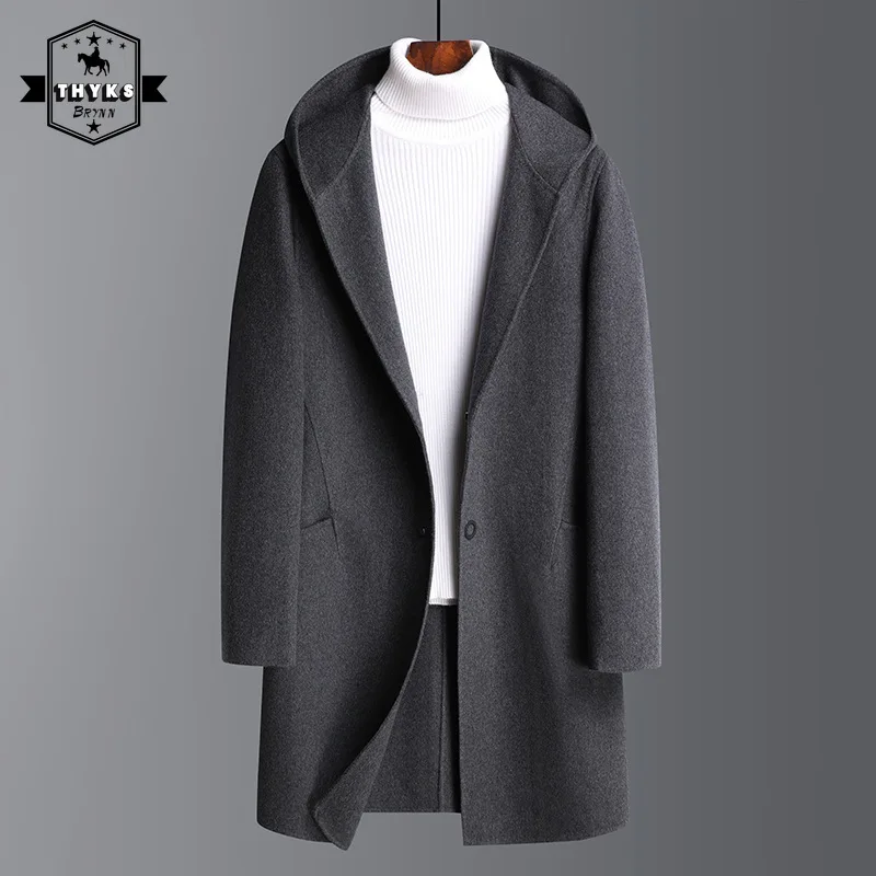 Men's Winter Coat Sheep Wool Overcoat Elegant Trench Coats Luxury Warm Hooded Jacket Long Blazer Casual Outerwear Windbreaker