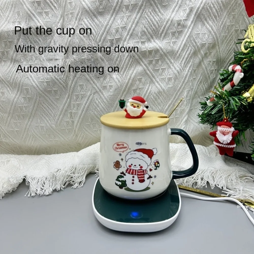 55℃ Merry Christmas Gifts Kit Wooden Lid Santa Claus Pattern Ceramic Mug Snowman Warm  Teaspoon for Office Home Use