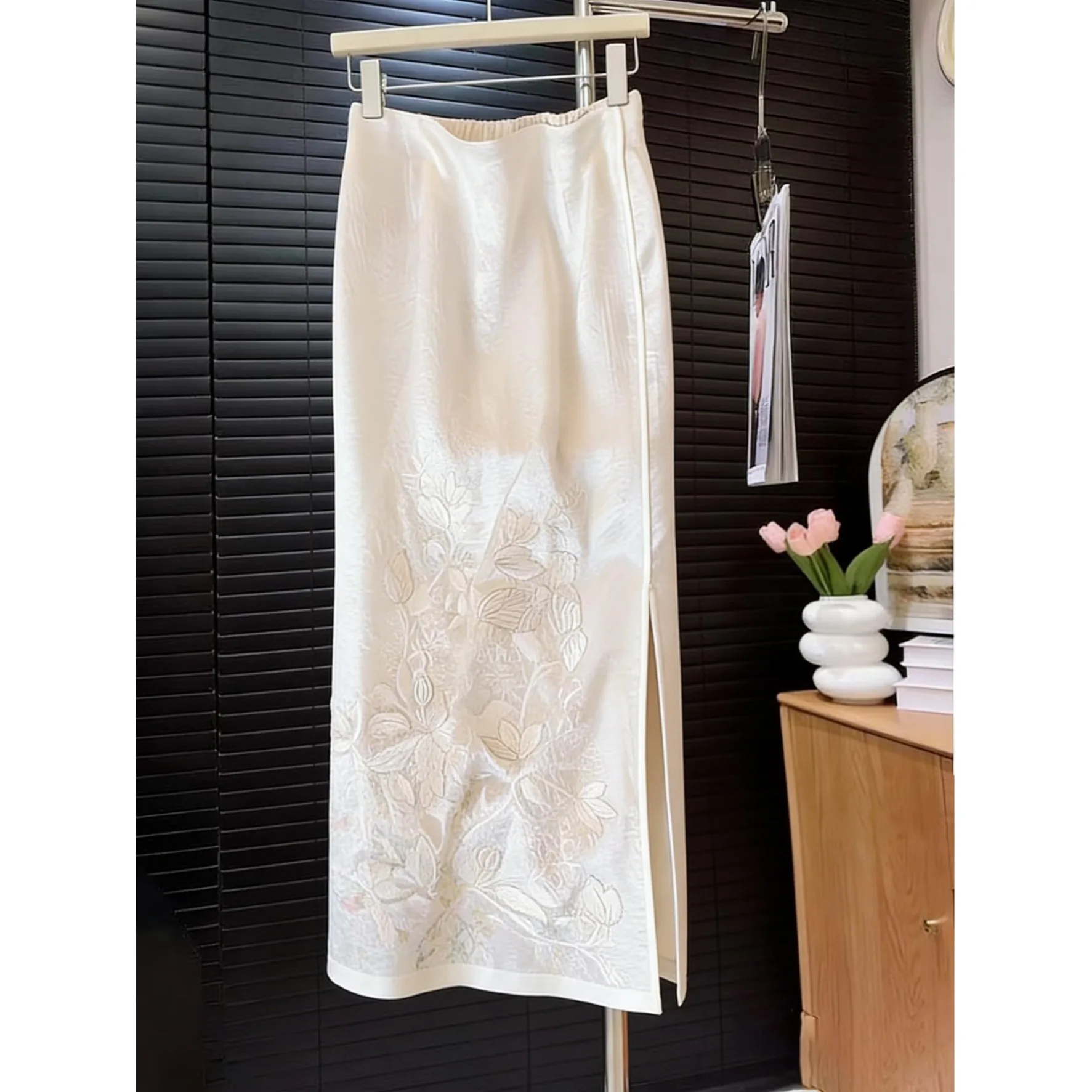 

New Chinese Style Embroidered Asymmetrical High Waist Slim Fit Long Skirt Women's Spring Summer Fashion Half Body Skirt