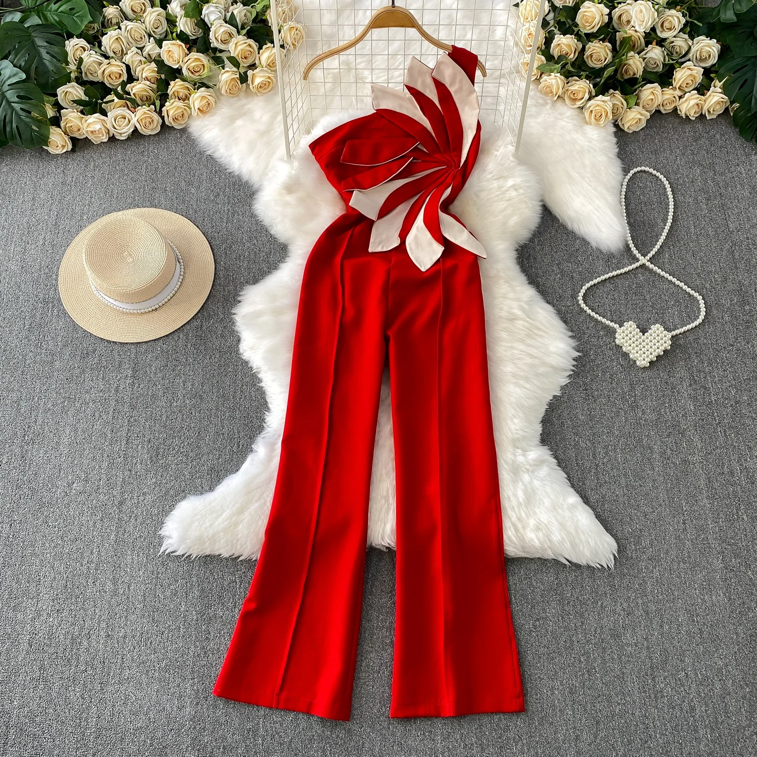 

Clothland Women Sexy Flower Jumpsuits Asymmetrical Collar Sleeveless Backless Wide Leg Trousers Playsuits Mujer KA503