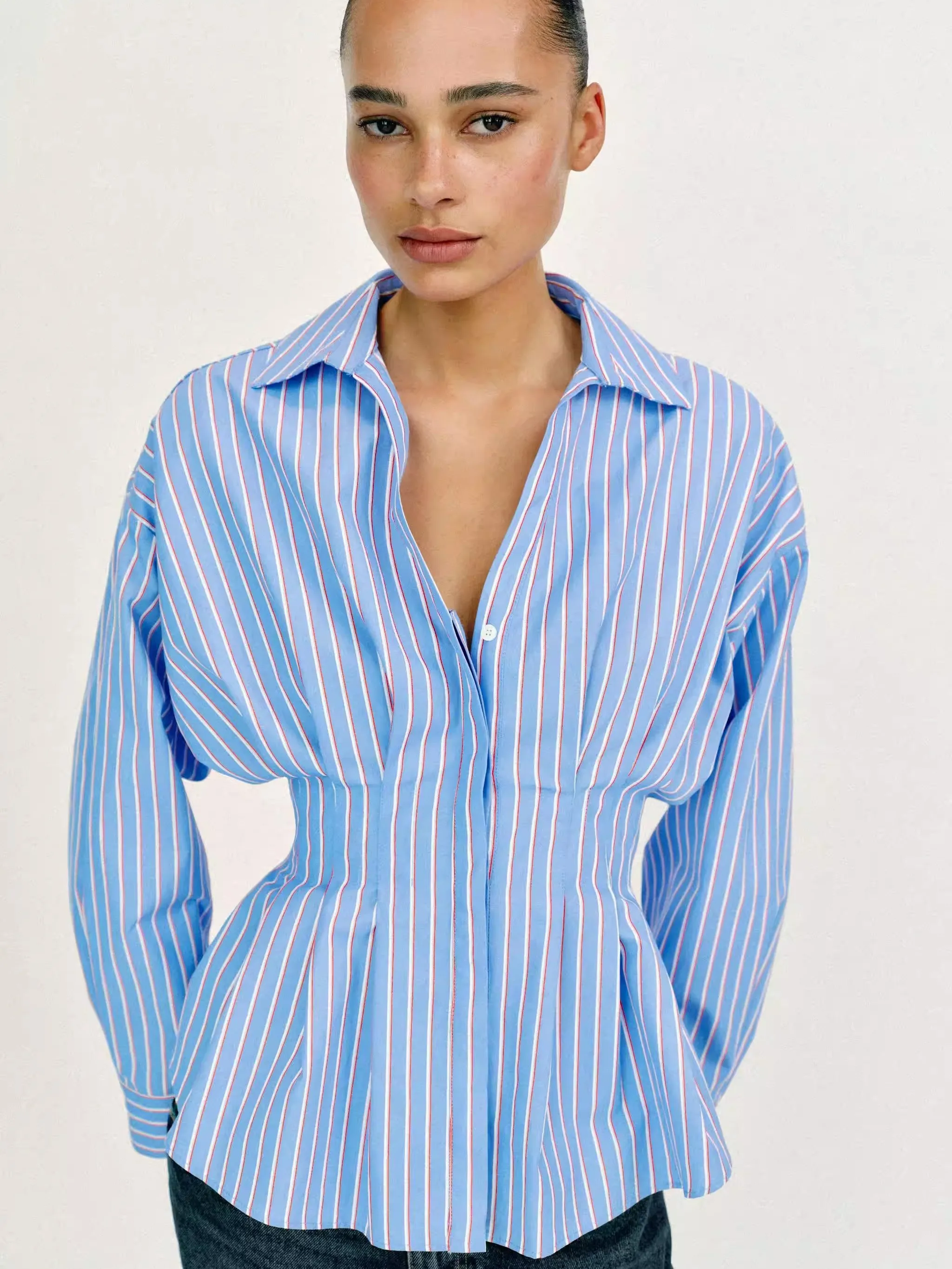 

Spring New Arrival Women's Shirt Waist Cinched Long Sleeve Pleated Stripe Silk Gauze Shirt Turn-down Collar Fashionable Ethni...