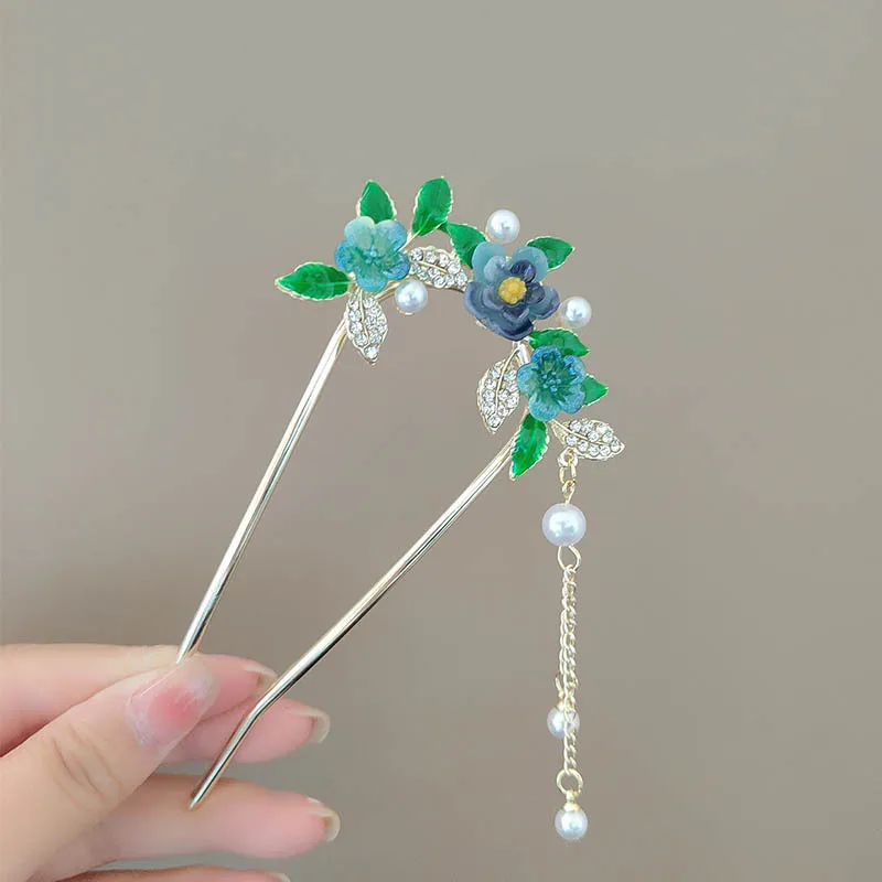 

Water diamond flower U-shaped hairpin, high-end tassel hair accessory with Chinese style, daily coiled hairpin