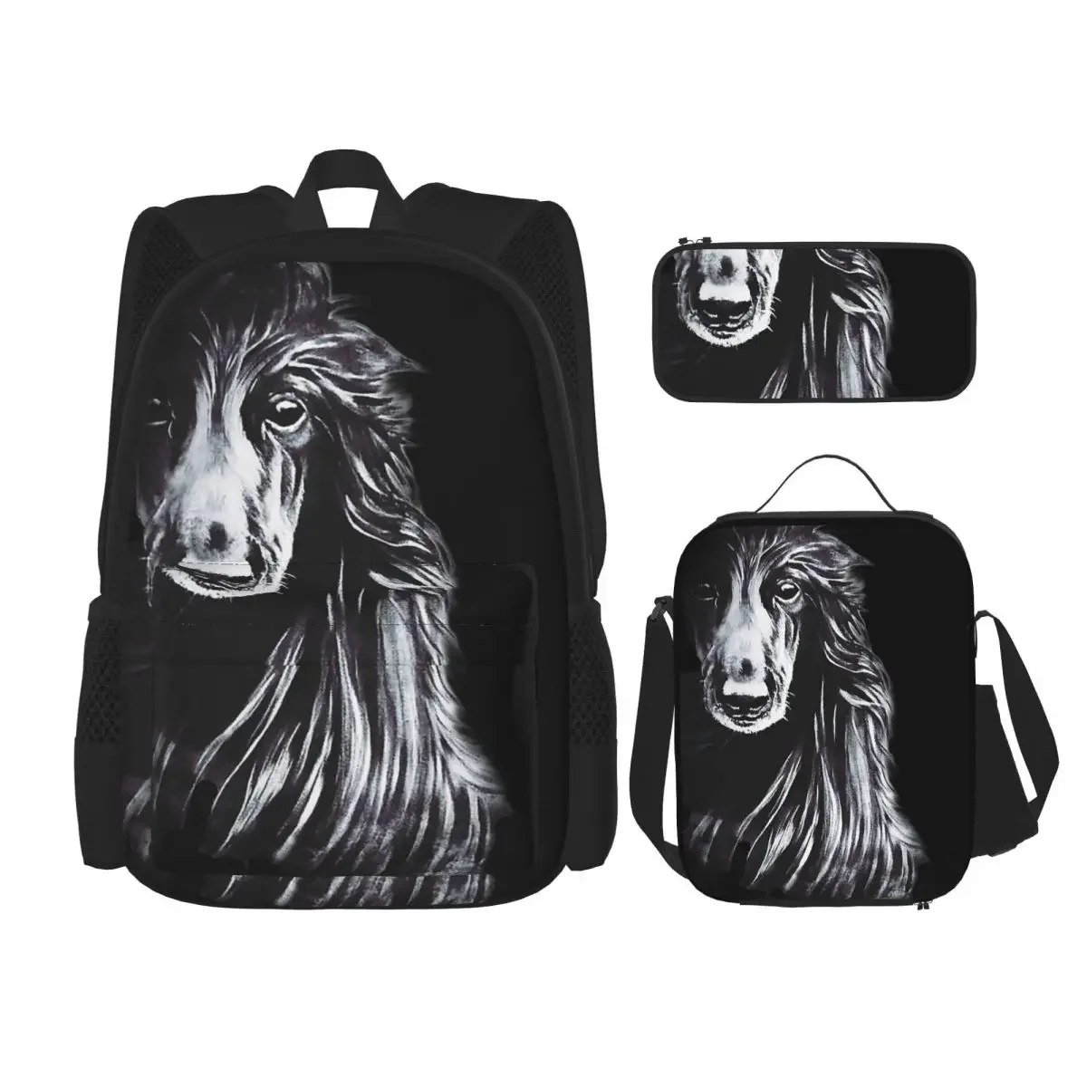 Afghan In Shadows Black Afghan Hound Backpacks Bookbag Children School Bags Kids Rucksack Lunch Bag Pen Bag Three-Piece Set