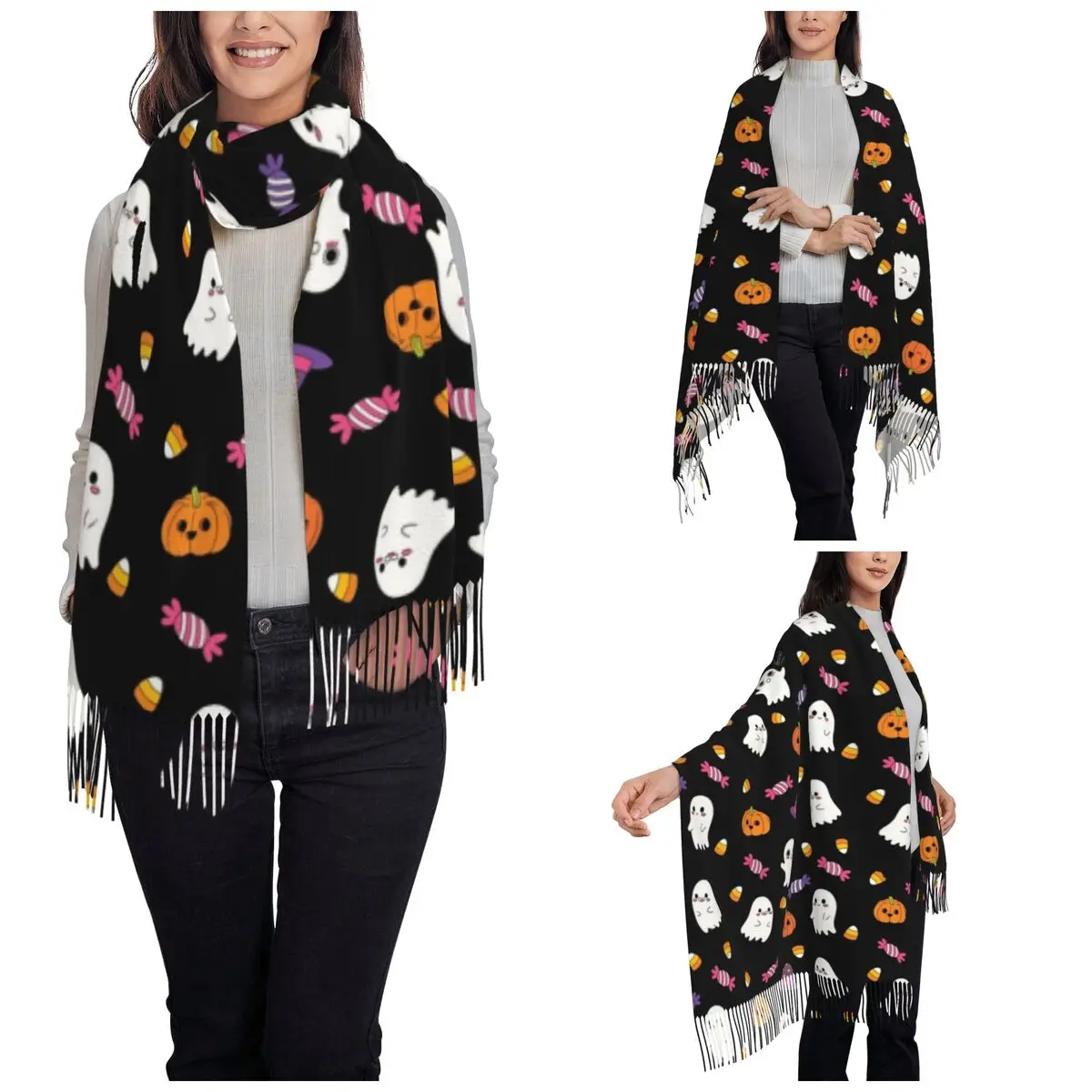 Womens Tassel Scarf Cute Spoopy Ghosts Single-sided Pattern Winter Fall Shawl Wrap Halloween Pumpkin Gifts Pashmina Scarves