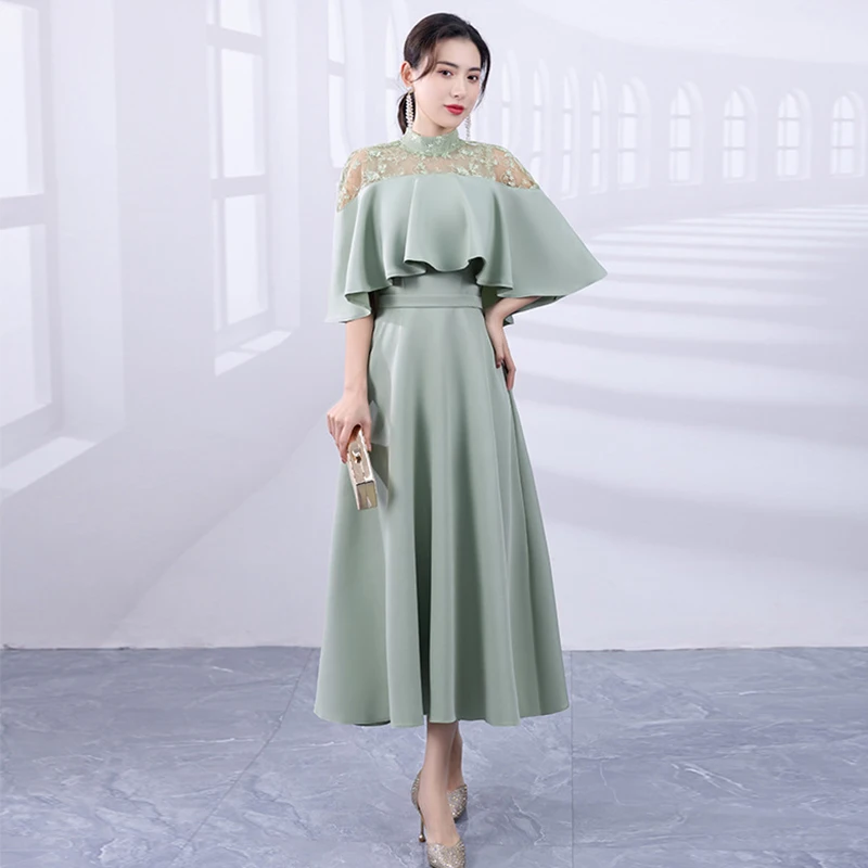 Sempre bonito-vestido de noite longo para mulheres, elegante, verde claro, manga folha de lótus, a-line, cinto flor, vestido de baile, novo, 2023