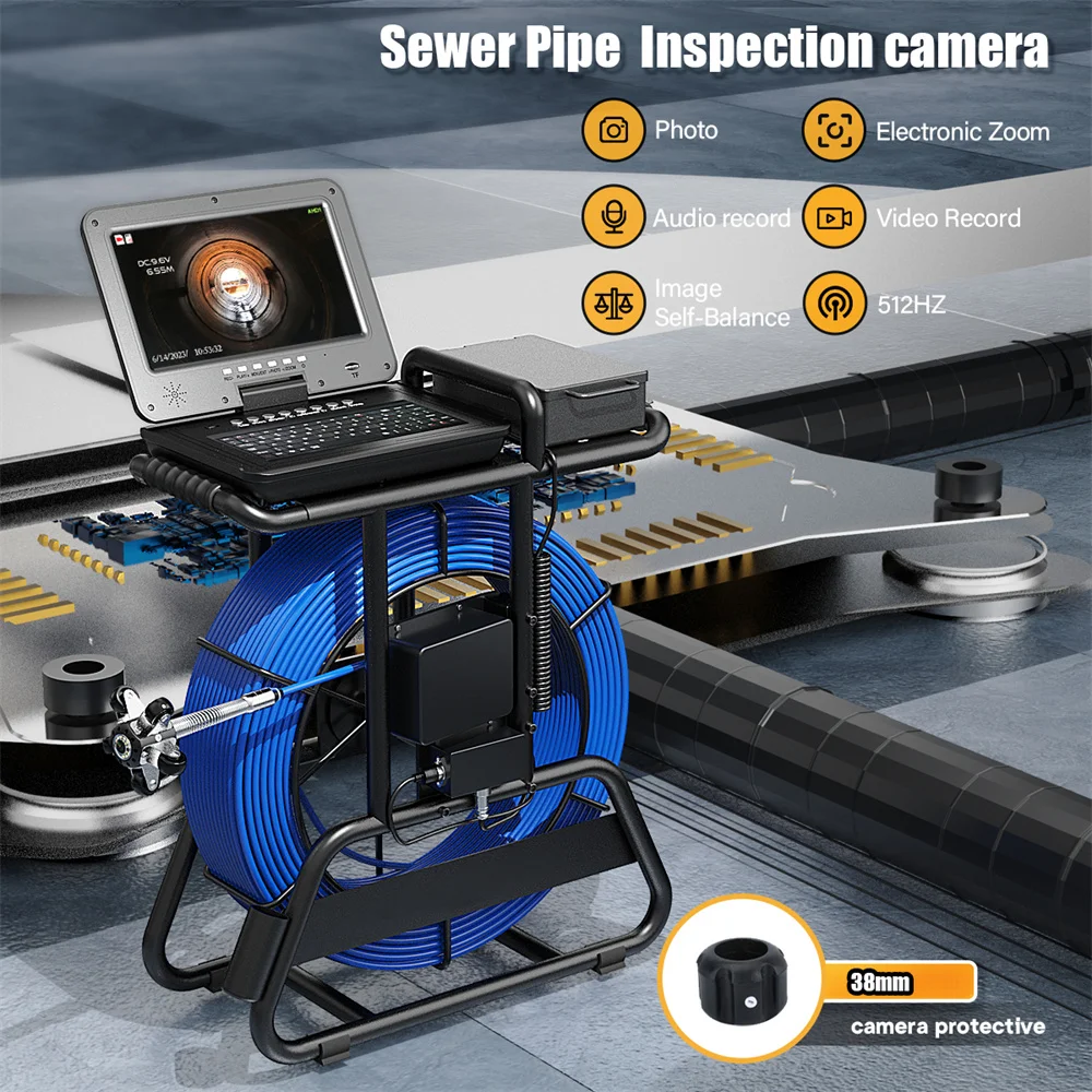 

10" IPS Sewer Pipe Inspection Camera 1080P Screen DVR Meter Counter+Self-Leveling 512HZ Locator Diameter+Keyboard 7MM Cable