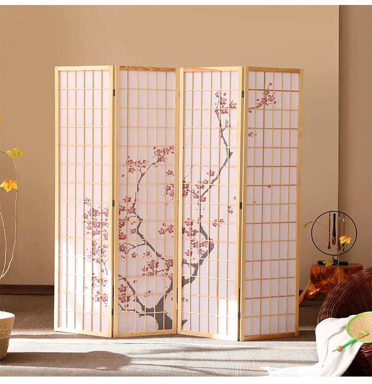 Room Dividers Wall Panels Black Japanese 4-Panel Screen Room Divider Wall Separation Screens Plum Blossom Desk Partition Folding