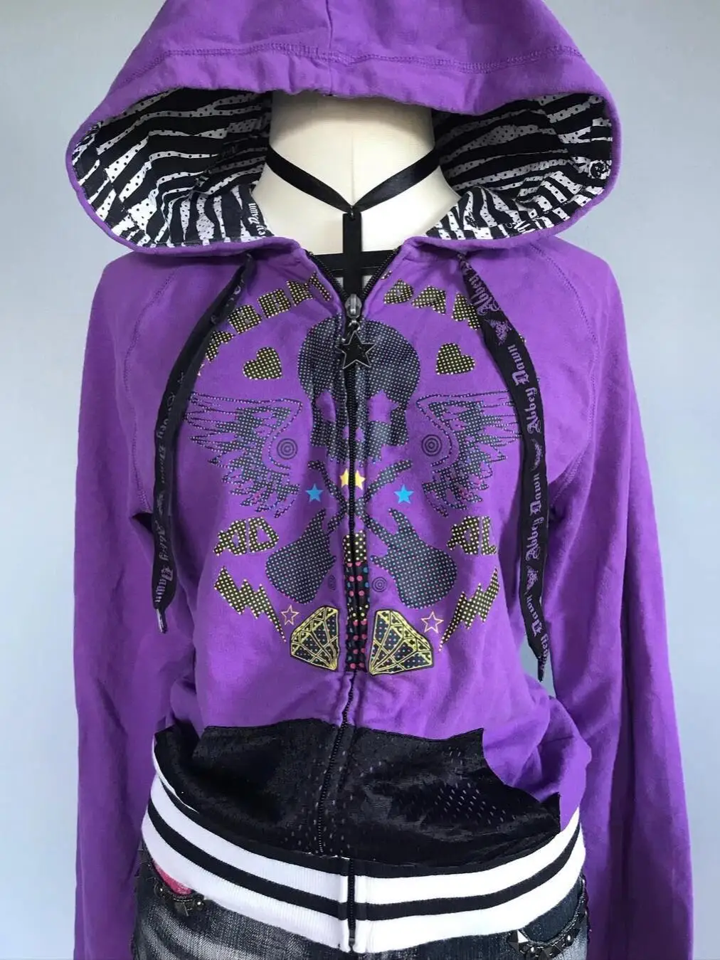 Onalippa 2025 جديد اليابانية Y2K الألفية الساخن فتاة نمط الجمجمة طباعة هوديي الأرجواني الربط زيبرا نمط سستة المرأة