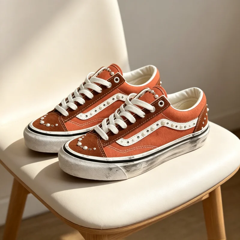 2026 Vintage-Style Distressed Pearl-Embellished Low-Top Canvas Sneakers  Fashionable, Versatile Casual Sneakers for Couples