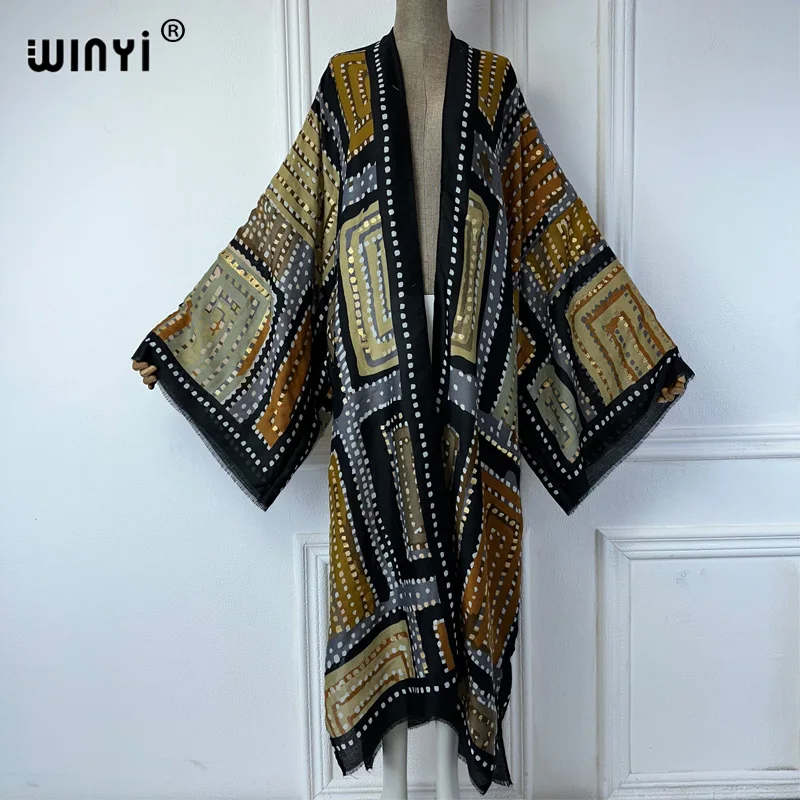 WINYI summer outfit kimono africa geometry print beach cover up maxi dress cardigans beach wear women 2025 abaya dubai luxury