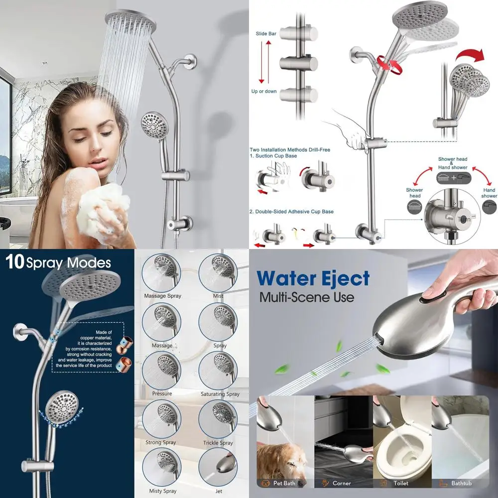 

Регулируемая по высоте (26 дюймов) ручная лейка для душа с 3-позиционным переключателем, двойной комплект, шланг 5 футов, матовый никель