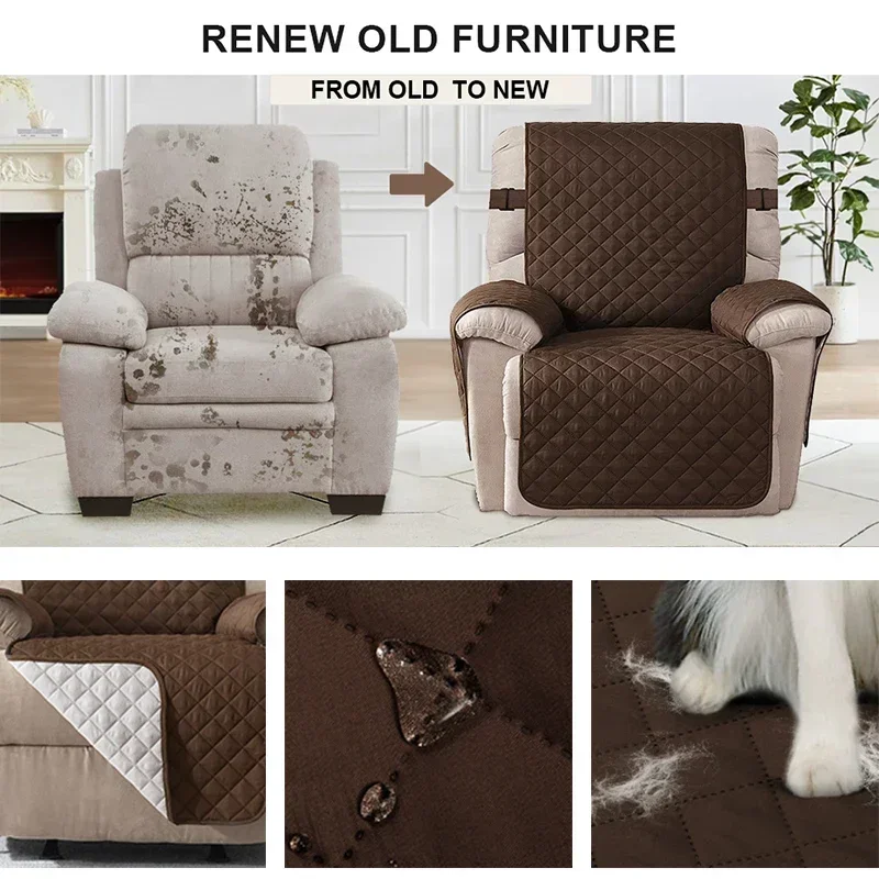 1 Seater Water Repellent Quilted Recliner Sofa Cover Pets Dog Kids Recliners Mat Non-slip with Elastic Strap Armchair Protector