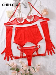 CHILLGIO Women Love Metal Chain Bra Brief Suits See Through Fasion Suit Waist Tight 5 Piece Erotic Lingerie Hollow Underwear Set