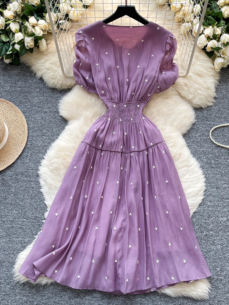 Robe mi-longue brodée de style français pour femmes, tenue de plage d'été à manches courtes et col rond, à la mode, violette, INKEO 5D220, 2025