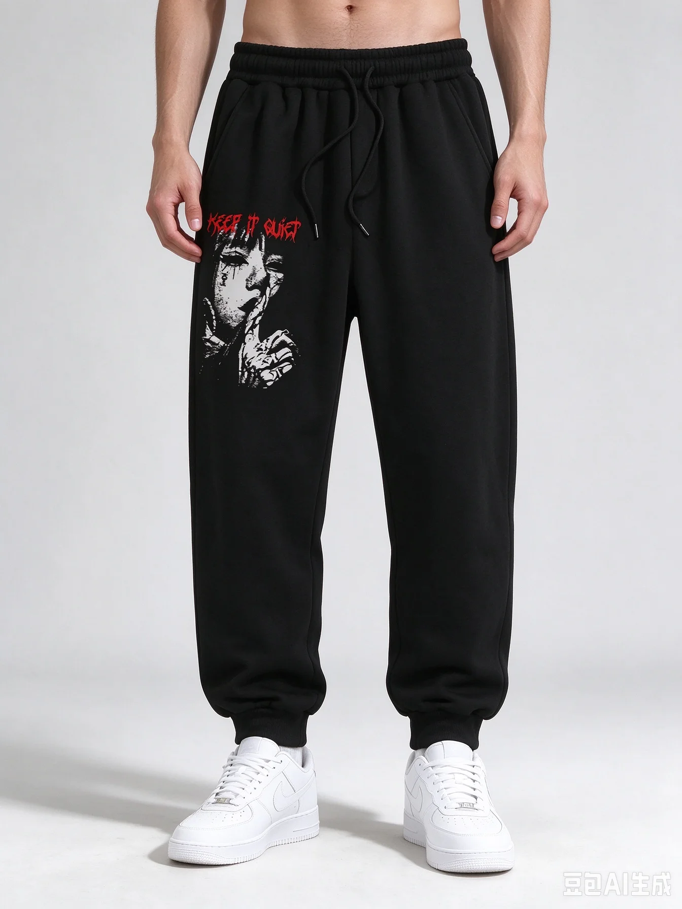 2026 New Loose Men's Sports Ankle Pants with Dark Anime Character Print, Drawstring Elastic Street Hip-Hop Long Pants