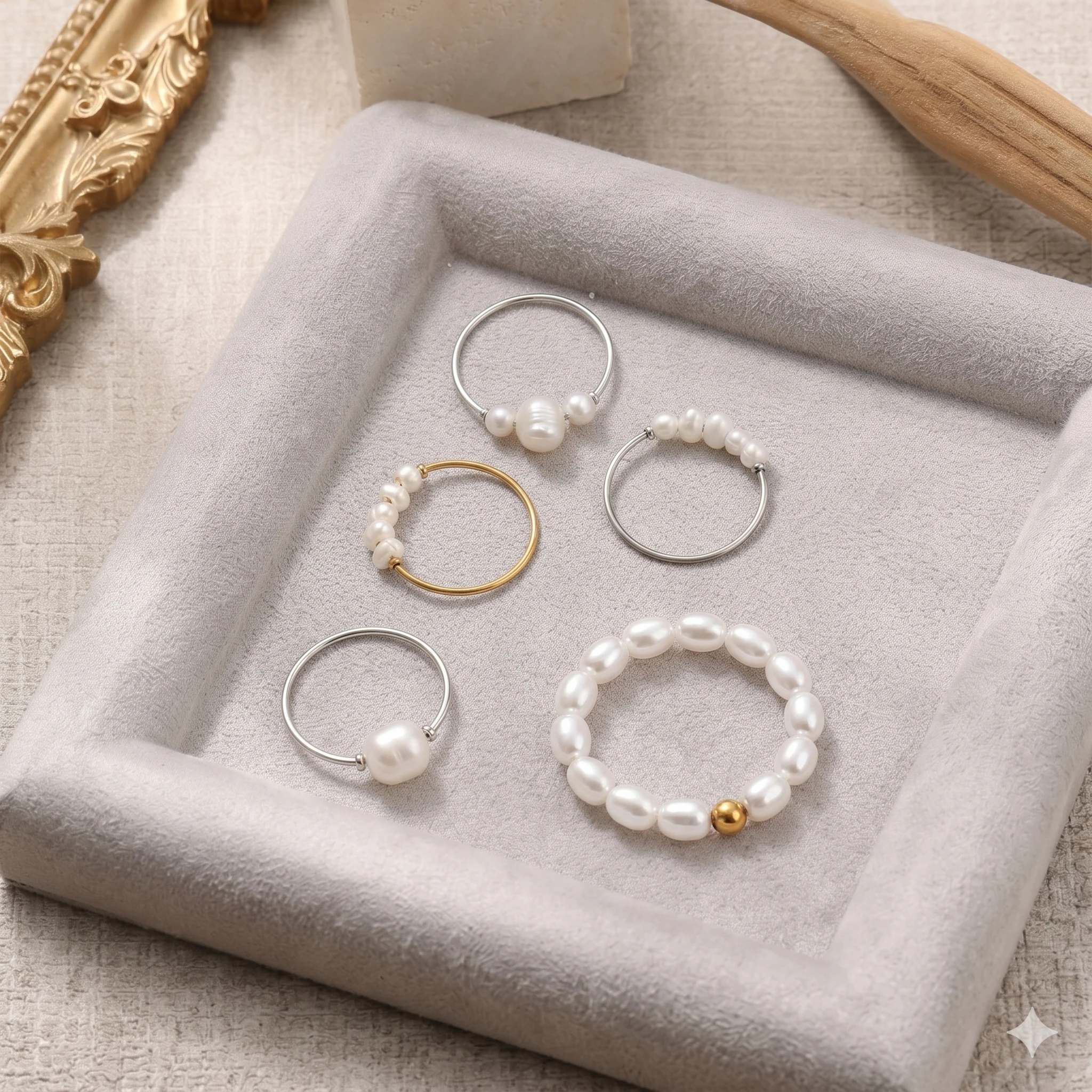Minimalistische Imitationsperlen-Ringe für Frauen 18K Vergoldeter Edelstahl Perlen-Fingerring Stapelbarer Eleganter Party-Schmuck – Detail 1