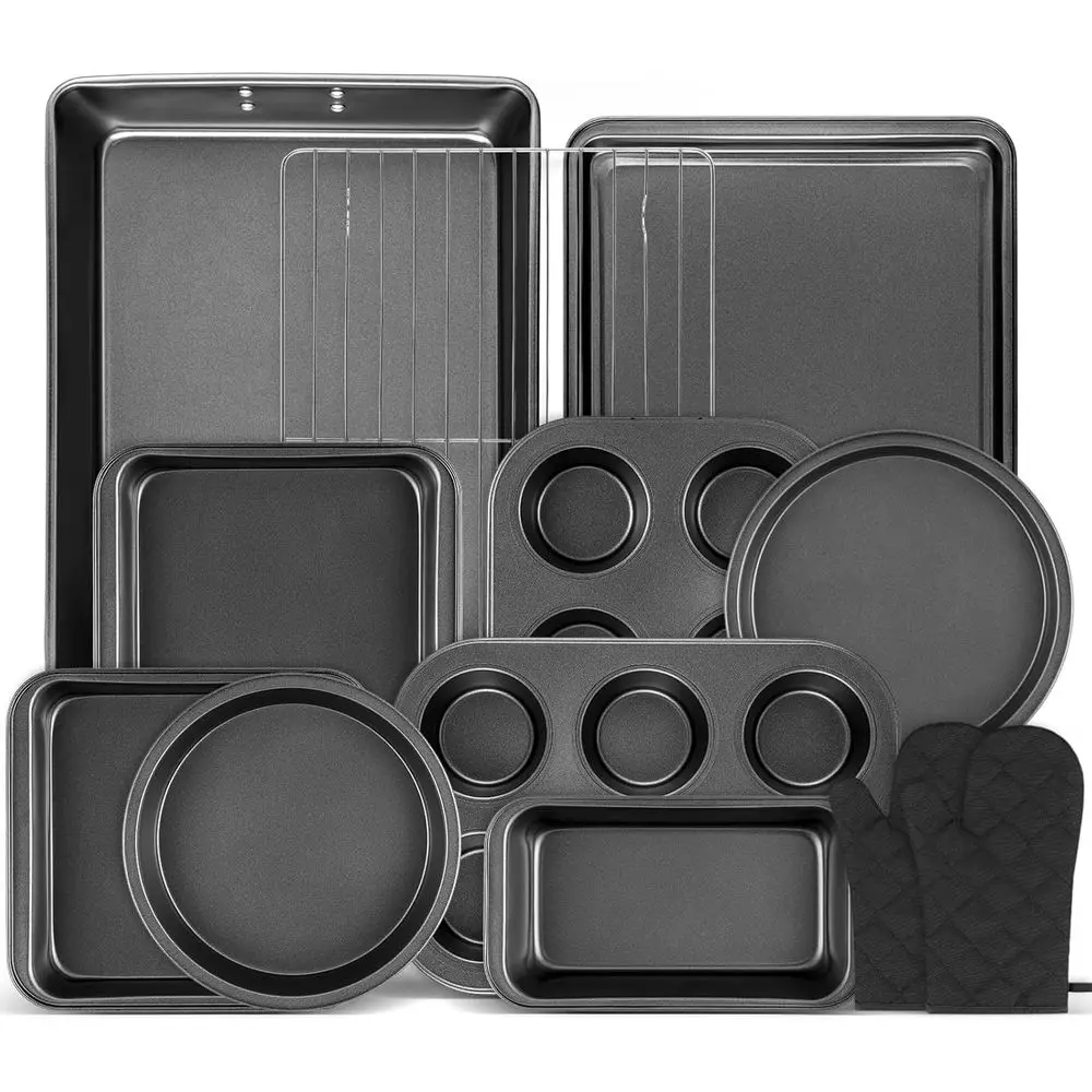 

12PCS Nonstick Bakeware Set, Non-Toxic Carbon Steel Pans with Wider Grip, Includes Roasting Pan, Cookie Sheet, Cake Pans, Coolin