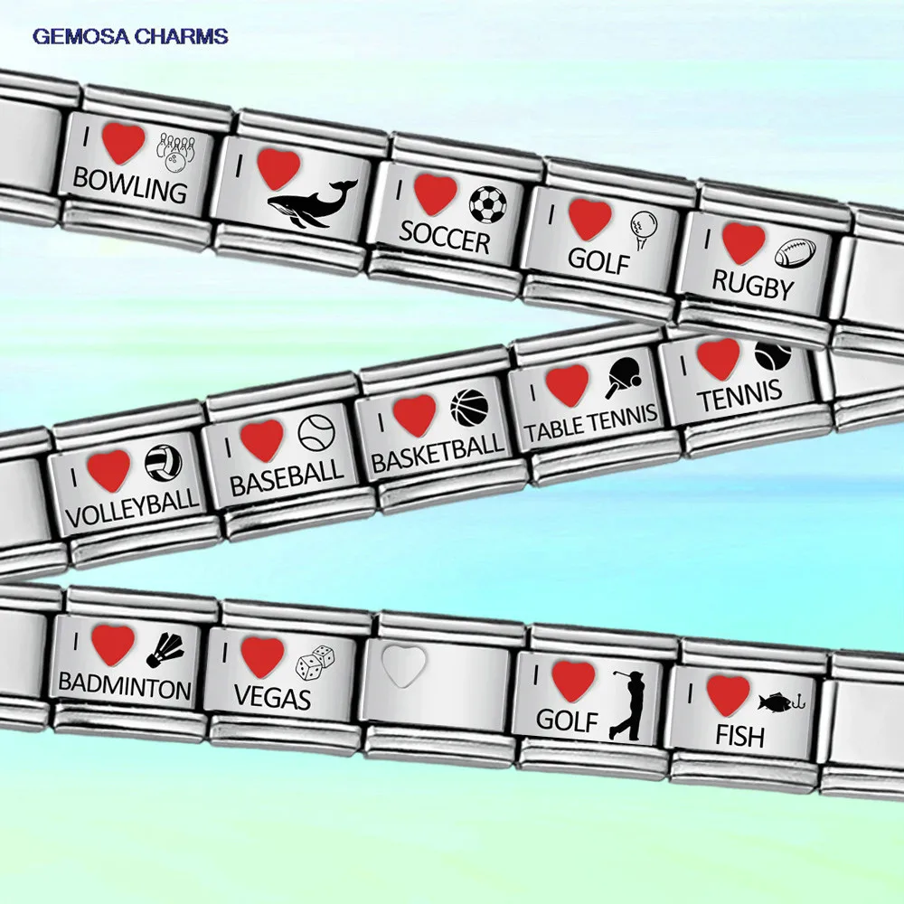 

GEMOSA Italian Laser Charms Link fit 9mm Stainless Steel Jewelry Red Heart ​Soccer Golf​ Rugby Tennis Vegas Bracelets Making DIY