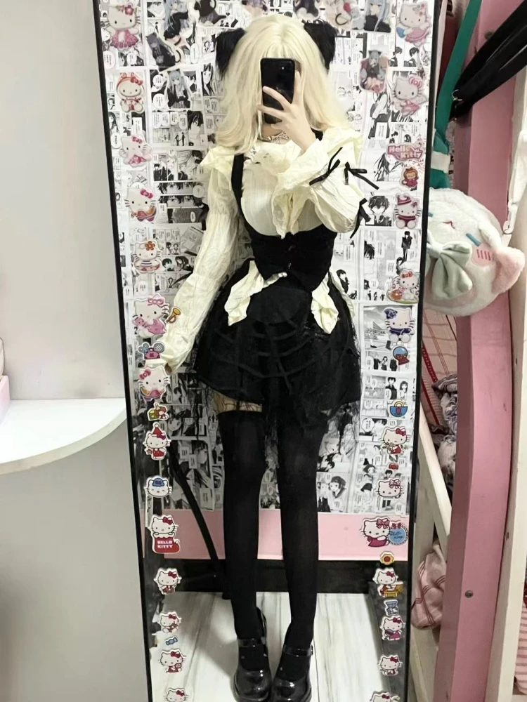 

Subculture Готический Ретро Французский Элегантный Женский Комплект из 3 предметов Рубашка с пышными рукавами и бантом + Жилет + Мини-юбка Готические темные женские костюмы