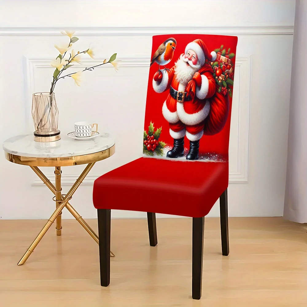Solid Red Seat Santa Robin Bird Dining Chair Cover Stretch Spandex Chair Slipcover Traditional Xmas Holiday Dining Decor