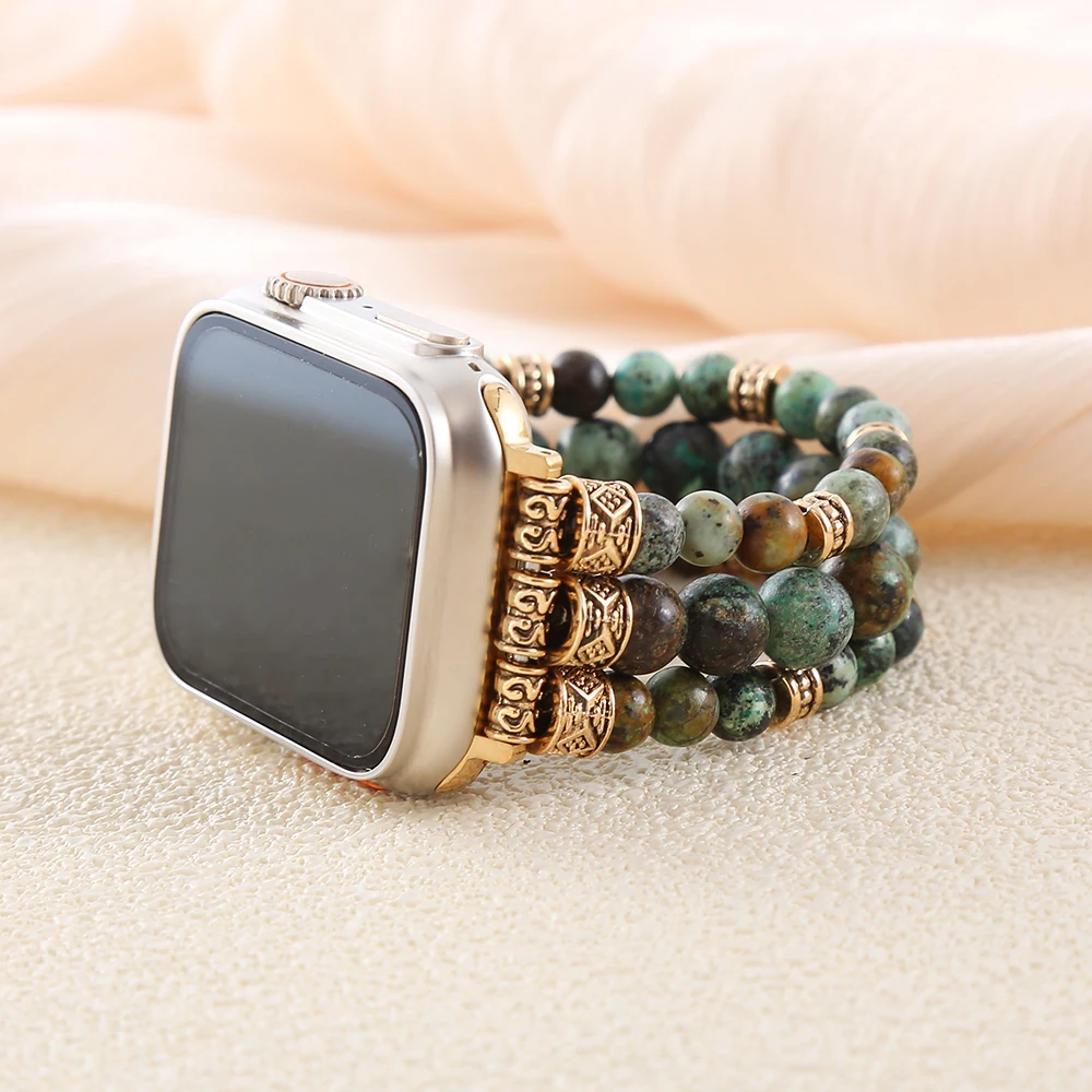 아프리카 재스퍼 스마트 워치 스트랩, 탄성 커플 손목시계 밴드, 아이워치 수제 쥬얼리, 38mm, 45mm