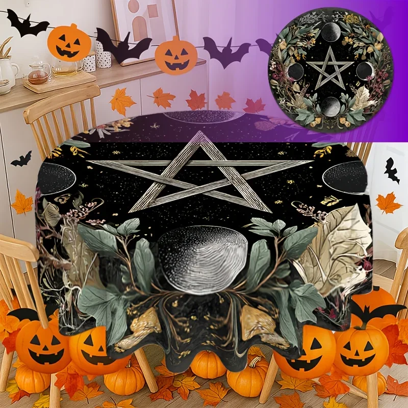One round tablecloth with patterns of crescent moon and five-pointed stars. Suitable for Halloween, weddings, etc.