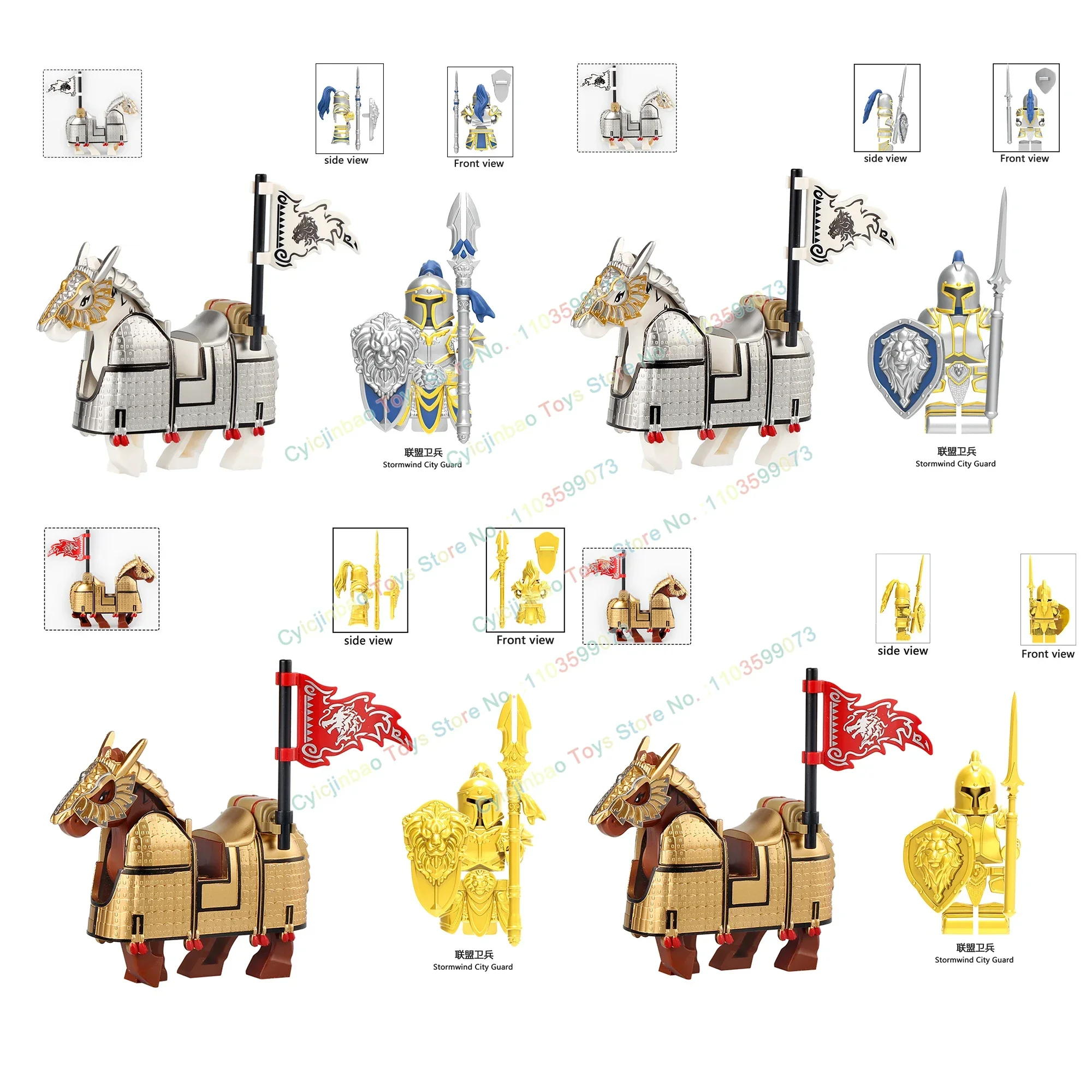 Cheval médiéval doré argent, armure lourde, figurine de chevalier, Stormwind, garde de ville, blocs de construction, accessoires, jouets pour enfants