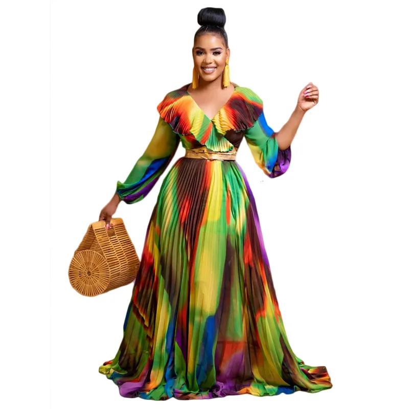 

African Maxi Dress Women Patchwork V Neck Full Sleeve Slim Robes Fashion New Tie Dye Print Elegant Chic Party Long African Dress