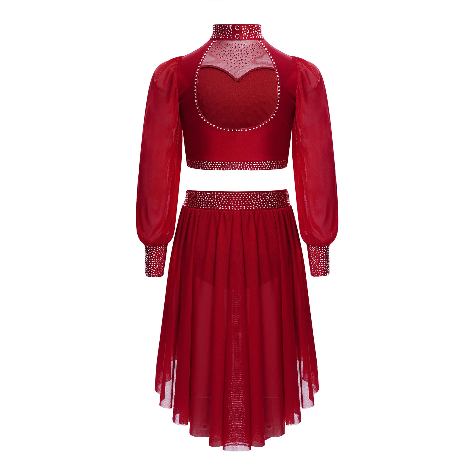 Costume da balletto per bambina, 2 pezzi, maglia trasparente, maniche lunghe, ritaglio sul retro, top corto + gonna per performance di danza lirica di pattinaggio di figura