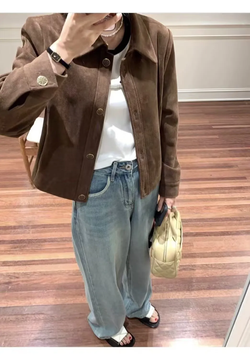 

Fashion Caramel Suede Short Jacket Women's Autumn Korean Casual Loose Retro Lapel Commute Basic Coat