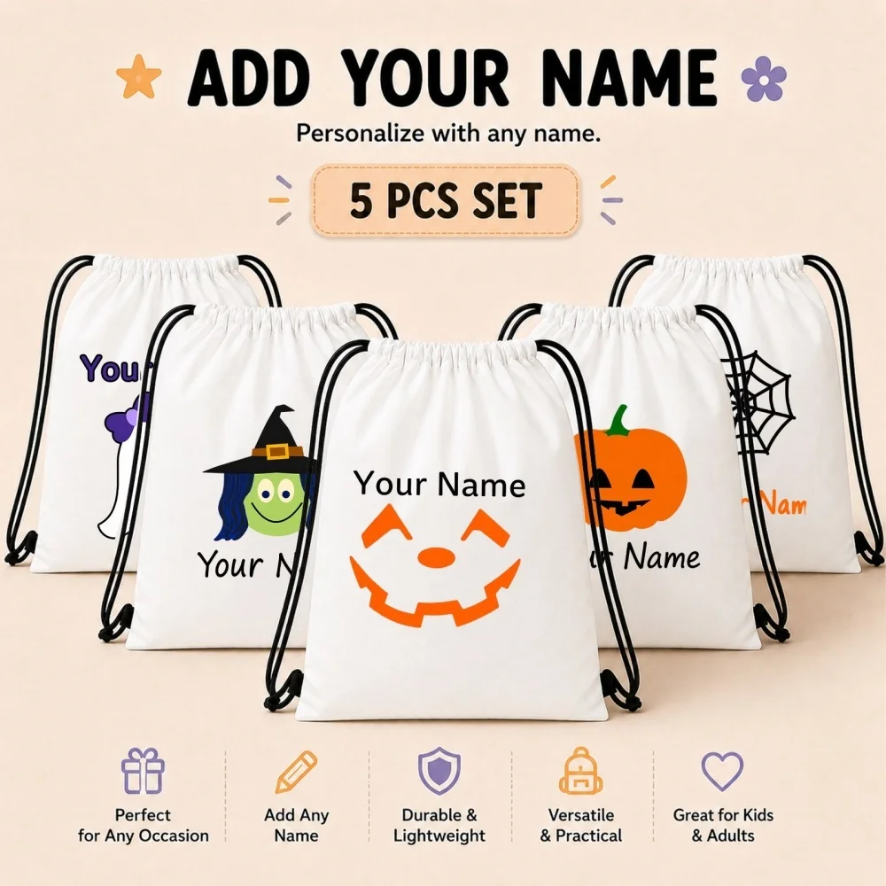 5 Pack Personalized Mixed Halloween Drawstring Backpack Set Custom Name Kids Trick Or Treat Candy Bags Storage Gift Sacks