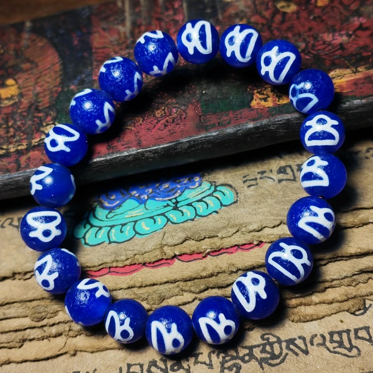 

Tibetan Natural Shale Gemstone Blue Agate God of Wealth Tianzhu Thread Bead Tianzhu Round Bead Bracelet for Men and Women 10mm