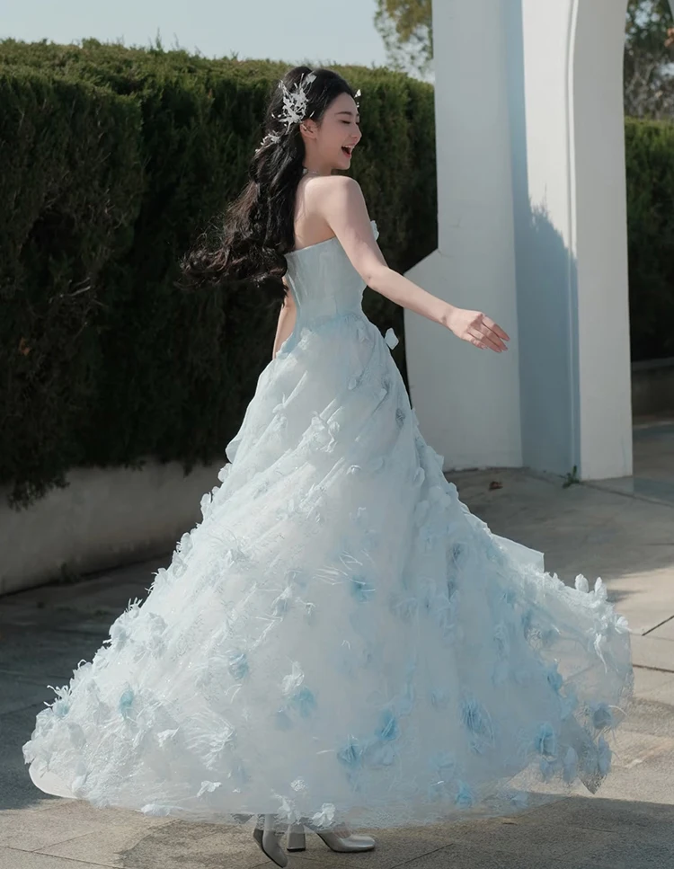 Vestido de noche azul claro, vestidos largos florales para graduación, sin tirantes, con cordones en la espalda, vestidos de fiesta L & P DQL Studio Fotos reales