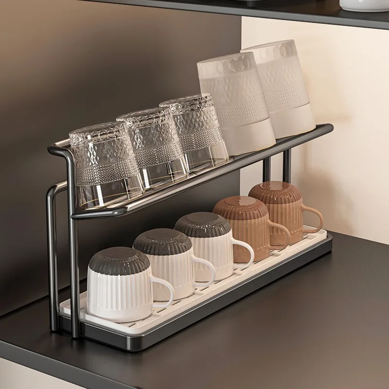 Metal Double Tier Cup Rack with Draining Tray Coffee Mug Tea Cup Storage Holder for Kitchen Dining Countertop Use