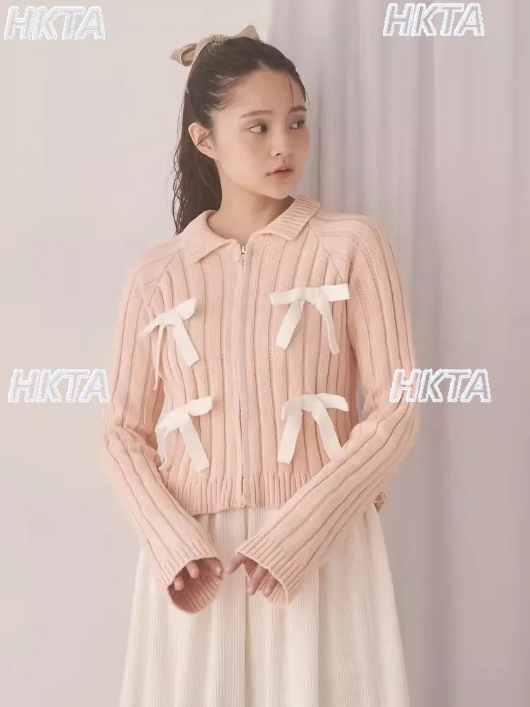 

Японский милый отложной воротник с бантом, тонкая вязаная куртка, свитер, женский осенний милый полосатый короткий кардиган на молнии, пальто, женский топ