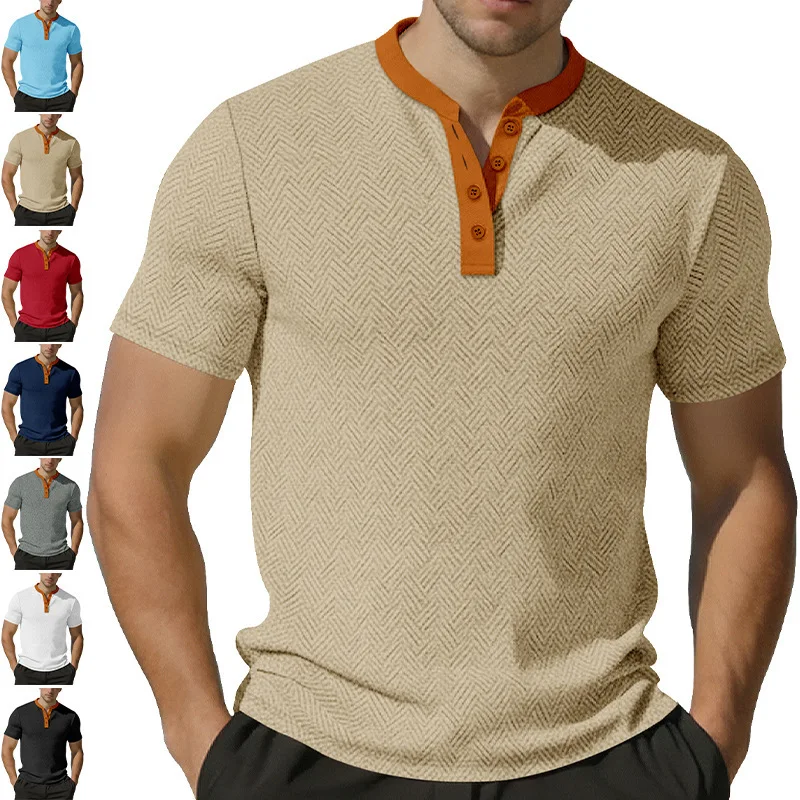 Men's Herringbone Textured Henley T‑Shirt Short Sleeve Contrast Collar 4‑Button Placket Casual Summer Tops