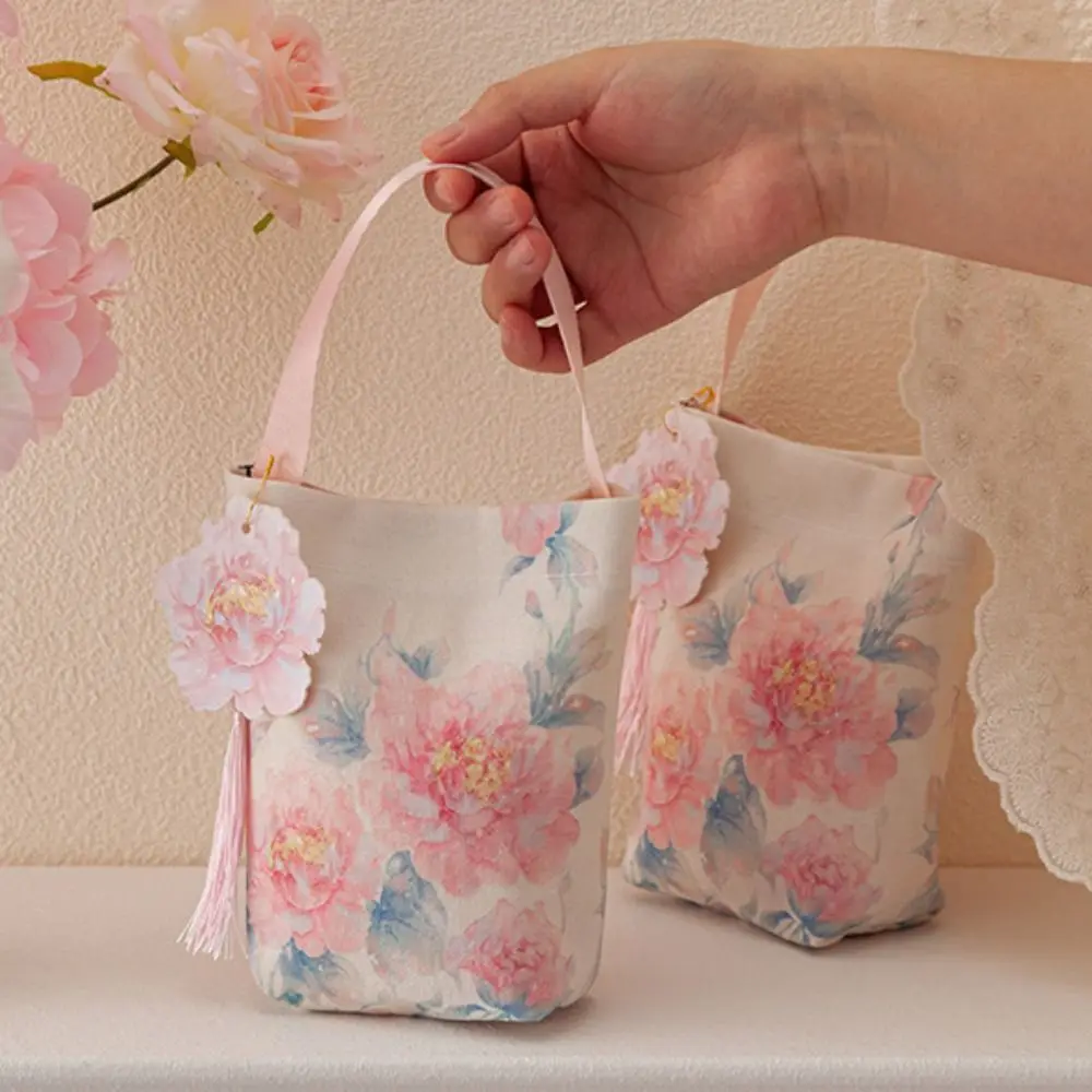 Printing Flower Tassel Wrist Bag Temperament Storage Bag Chinese Style Handbag Jewelry Packing Make Up Pouch Festive Sugar Box