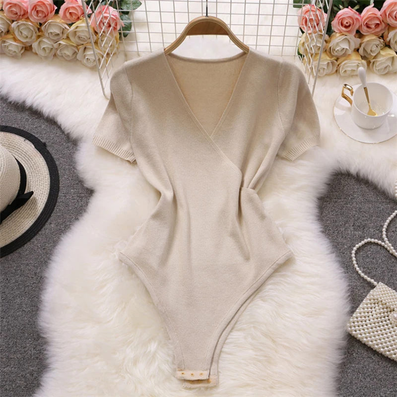 Dames bodysuit met diepe v-hals en korte mouwen, effen kleur, wrap superplice jumpsuit, tops turnpakje, knoopsluiting romper, onesie