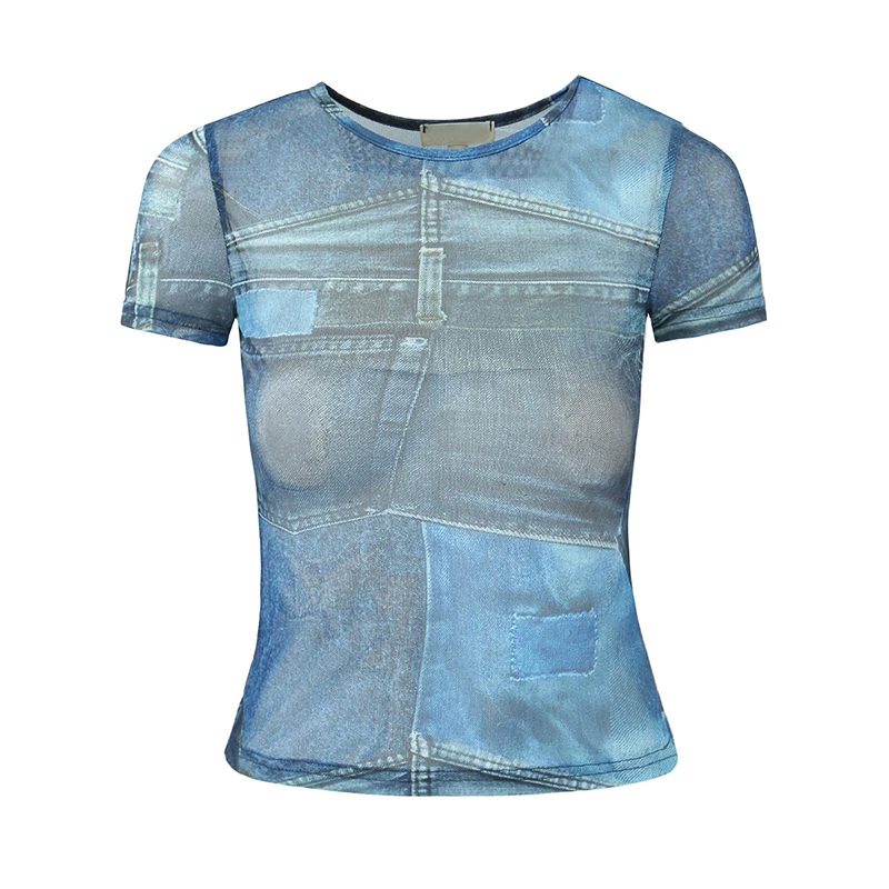 YNEKYE-Camiseta vaquera de malla elástica con estampado azul para mujer, Top corto ajustado de manga corta con cuello redondo, camisetas para mujer