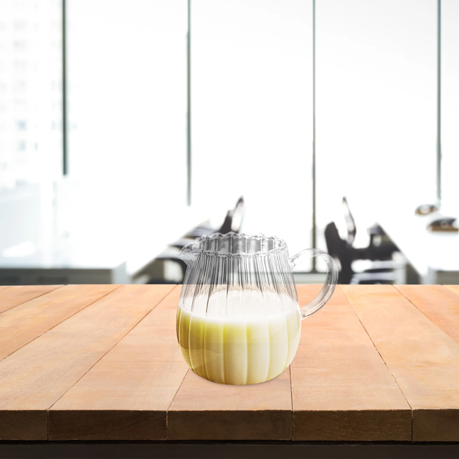 

2Pcs Glass Milk Creamer Pitcher Striped Clear Coffee Tea Dispenser Home Office Portable Beverage Container