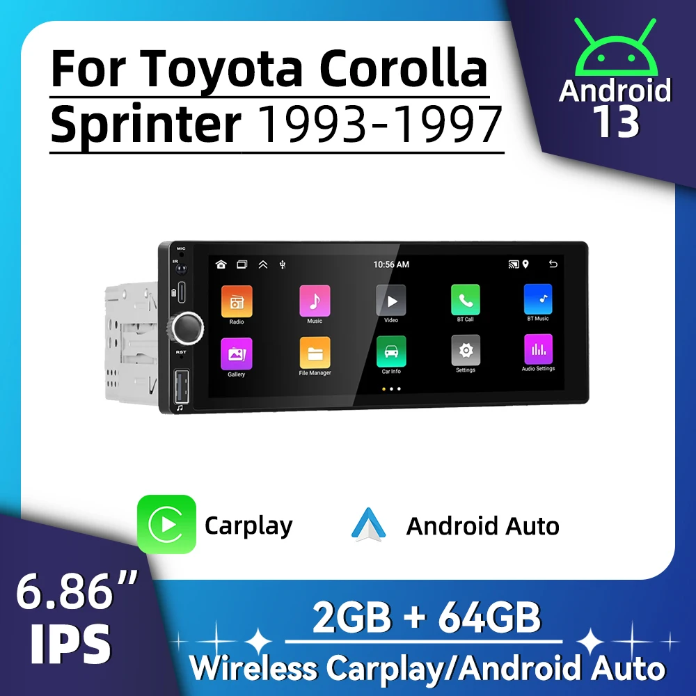 1 الدين راديو السيارة أندرويد لتويوتا كورولا سبرينتر 1993-1997 6.86 "شاشة ستيريو Carplay أندرويد السيارات الوسائط المتعددة رئيس وحدة