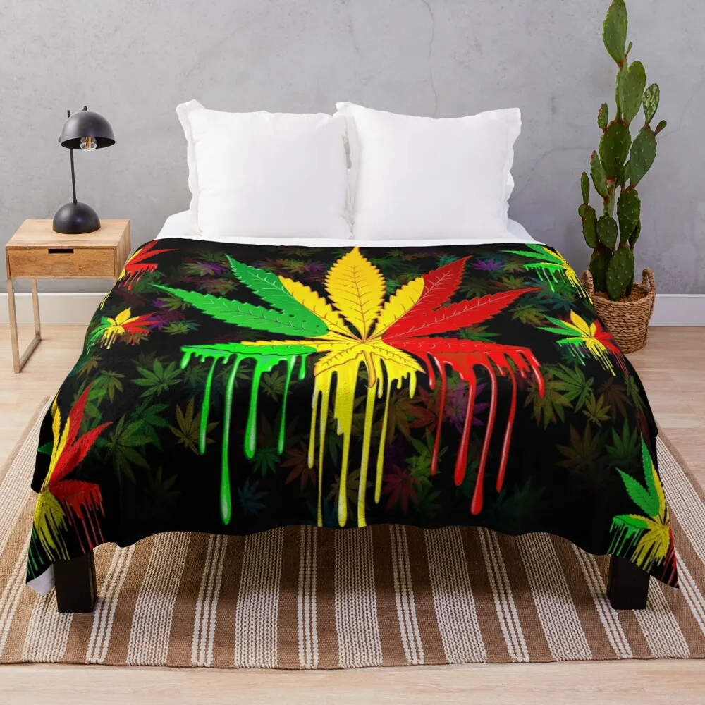 

Leaf Rasta Colors Dripping Paint Throw Blanket blanket with well thick king wool textile for winter home