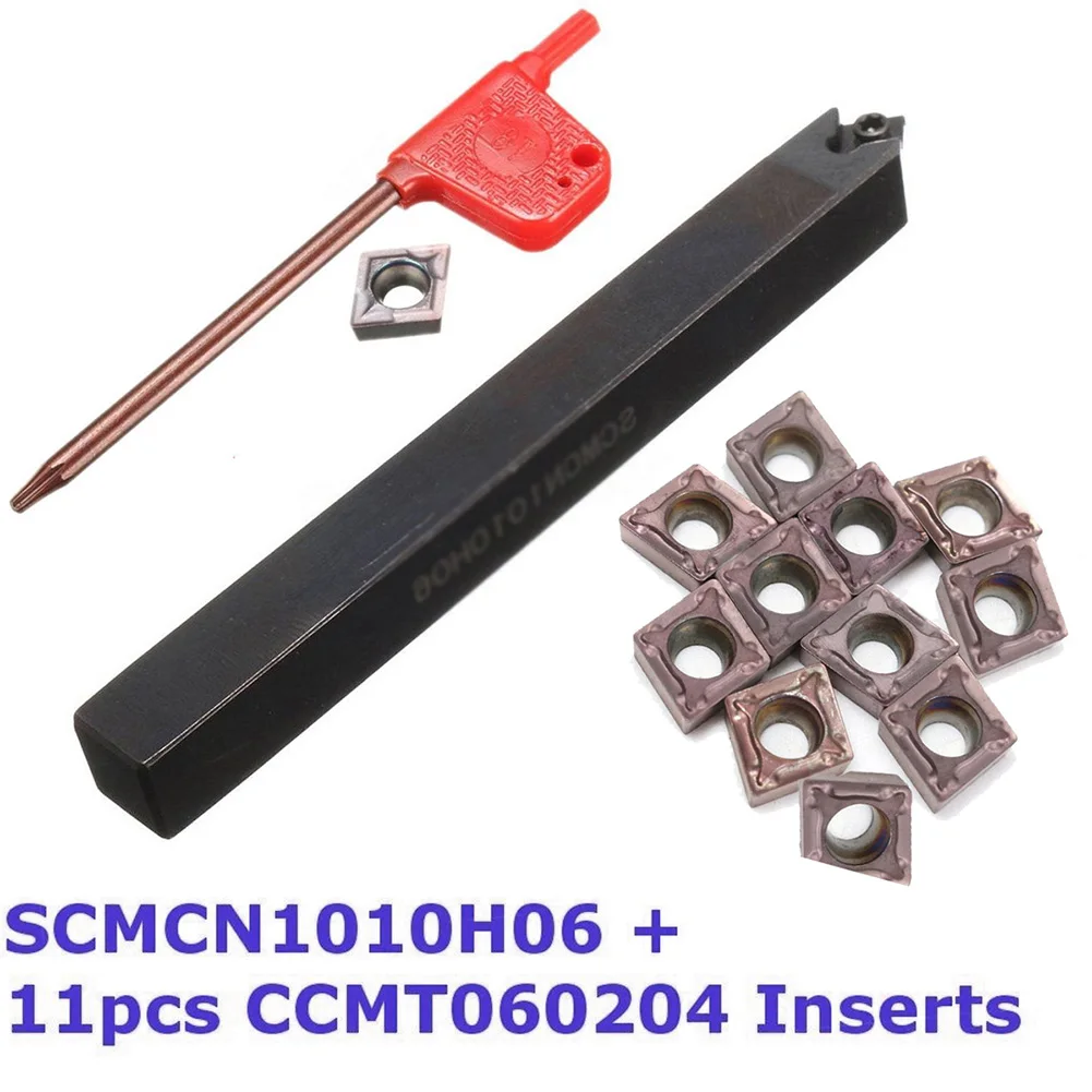 

10 шт. CCMT060204 твердосплавные вставки плюс SCMCN1010H06 держатель инструмента для токарного станка хвостовик 10 мм с легким лезвием сменный ключ