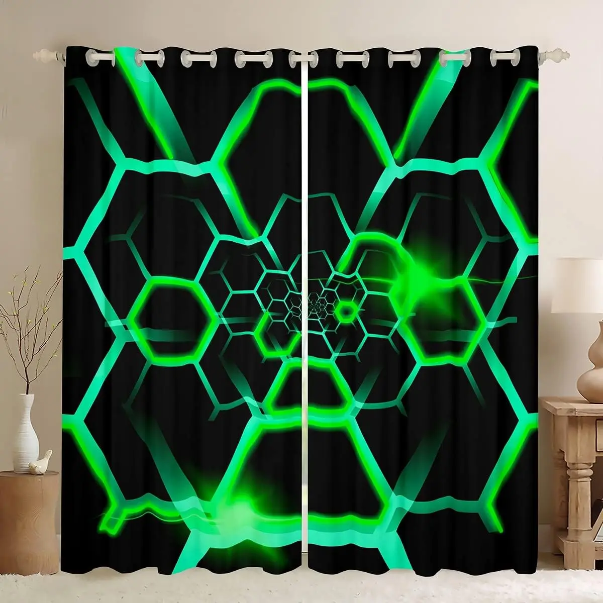 Futurism Hexagonal Art Printed Curtain for Home Decor Rod Pocket Grommet Top Window Treatment for Bedroom Kitchen Living Room