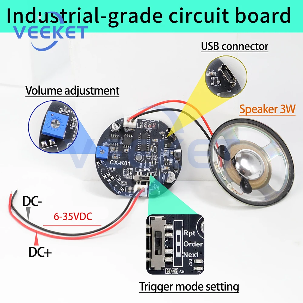 

Industrial MP3 Voice Prompt Module with Waterproof Speaker Custom Audio Playback Loop Single Next Track Control Safety Device