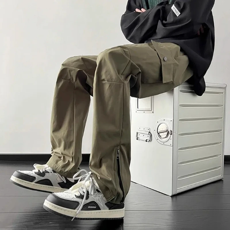 

Мужская одежда, винтажные однотонные эластичные карманы с высокой талией и пуговицами, модные брюки, прямые брюки-карго на весну и осень