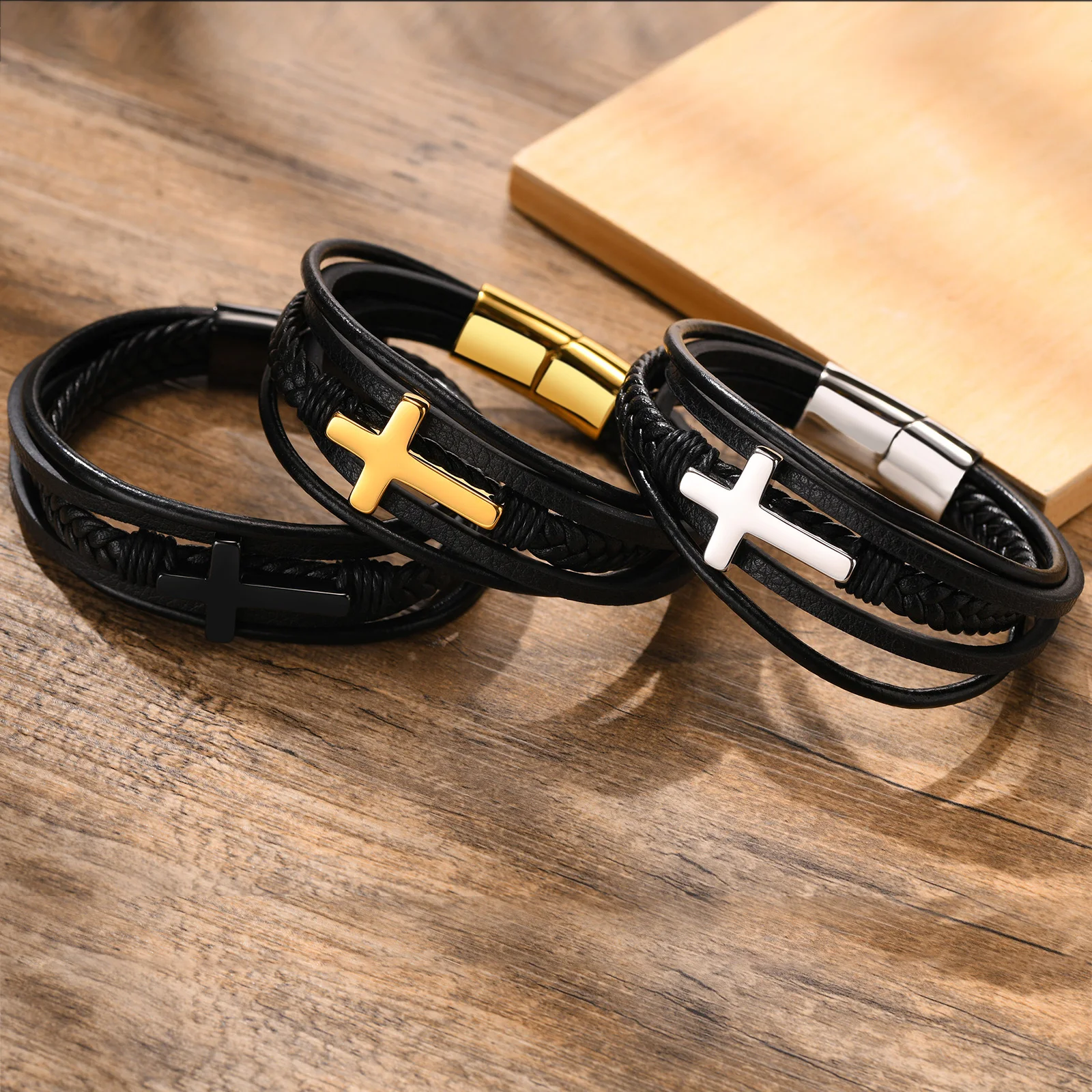 Vnox Cross Bracelets for Men, Black Braide Leather with Cross Charm Bangle, Casual Layered Christ Faith Wristband