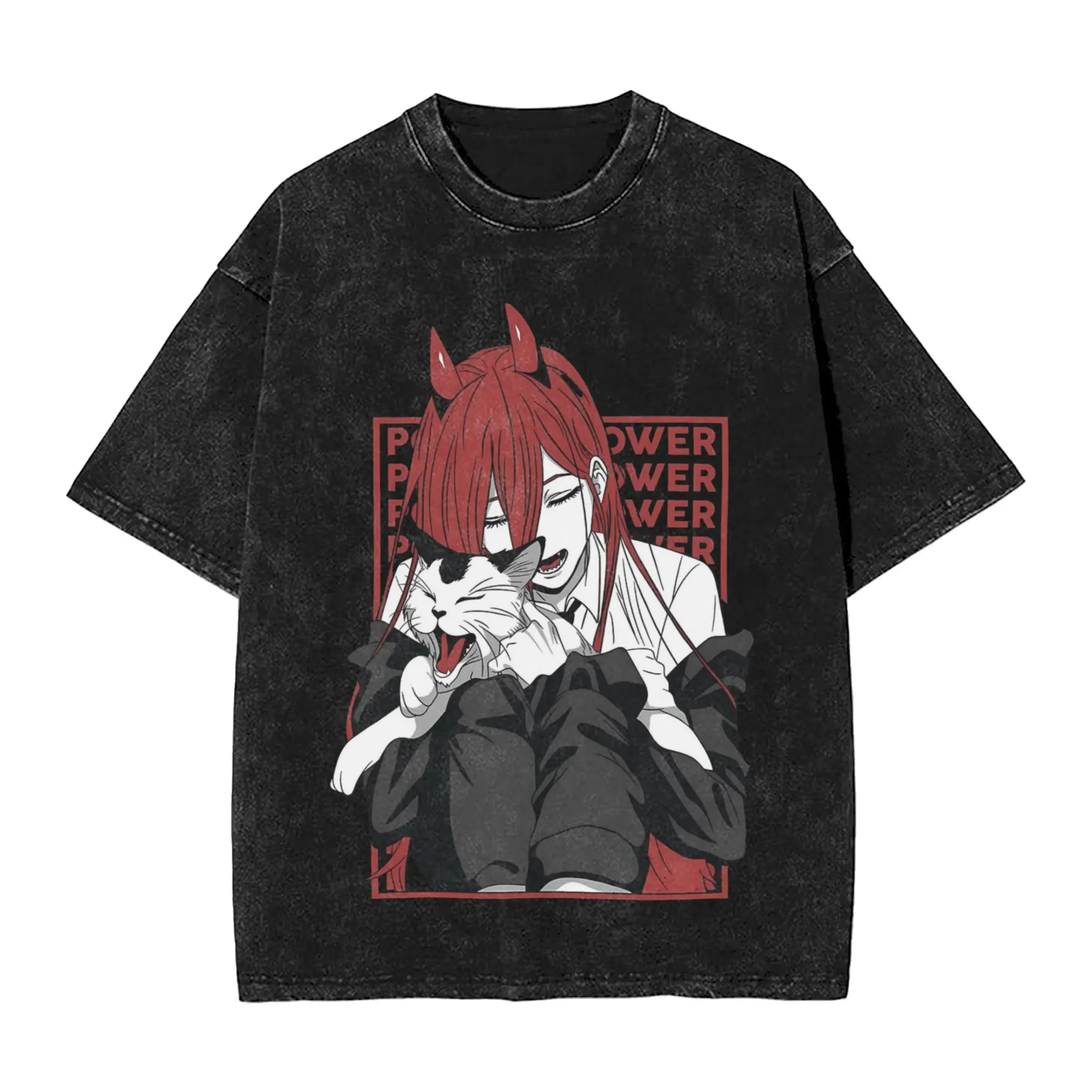 Washed T Shirt Power Hugging Cat Chainsaw Man Hip Hop T-Shirts High Street  Streetwear Short Sleeve Summer Tops Tees for Men